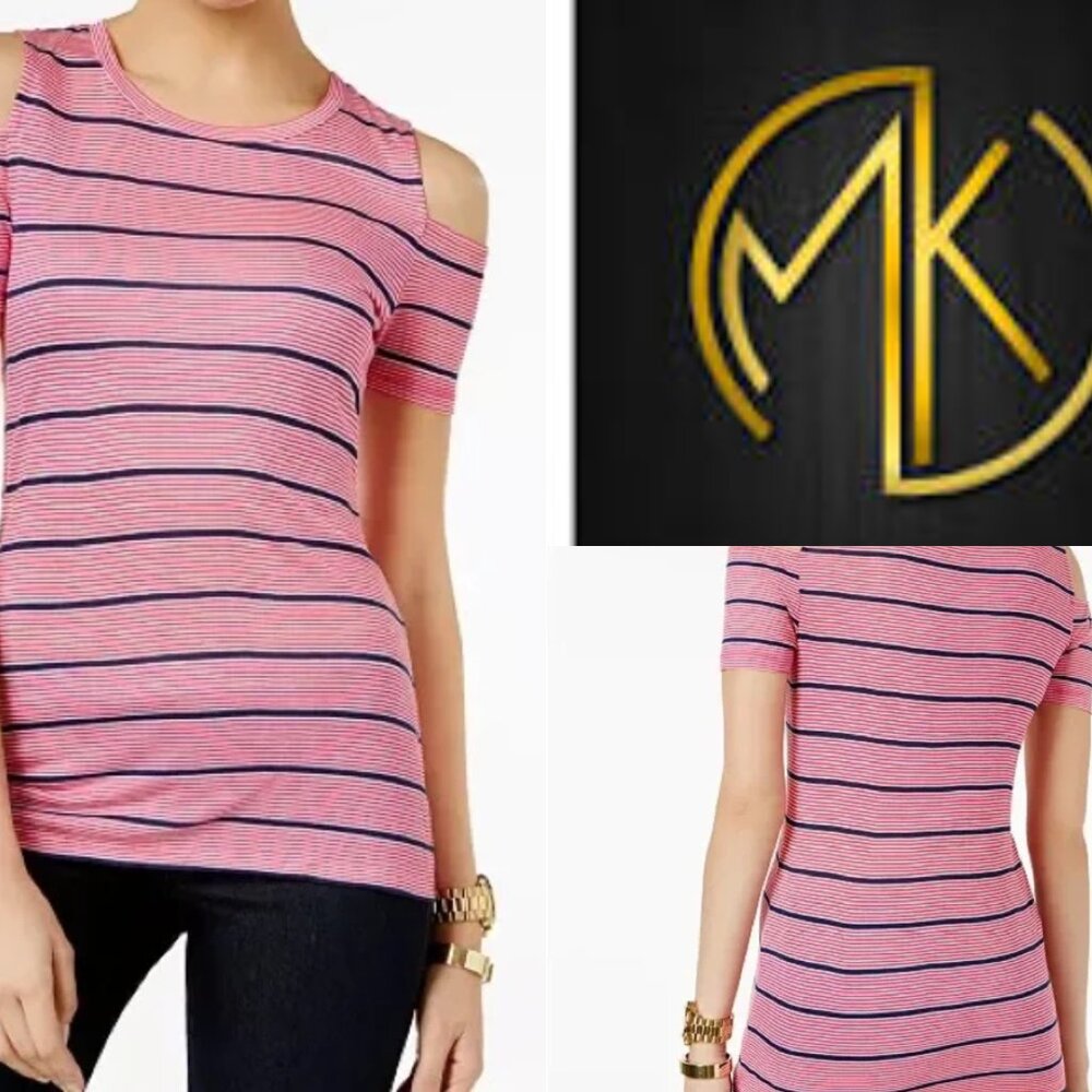 Michael Kors Pink and Black Striped Cold Shoulder Top